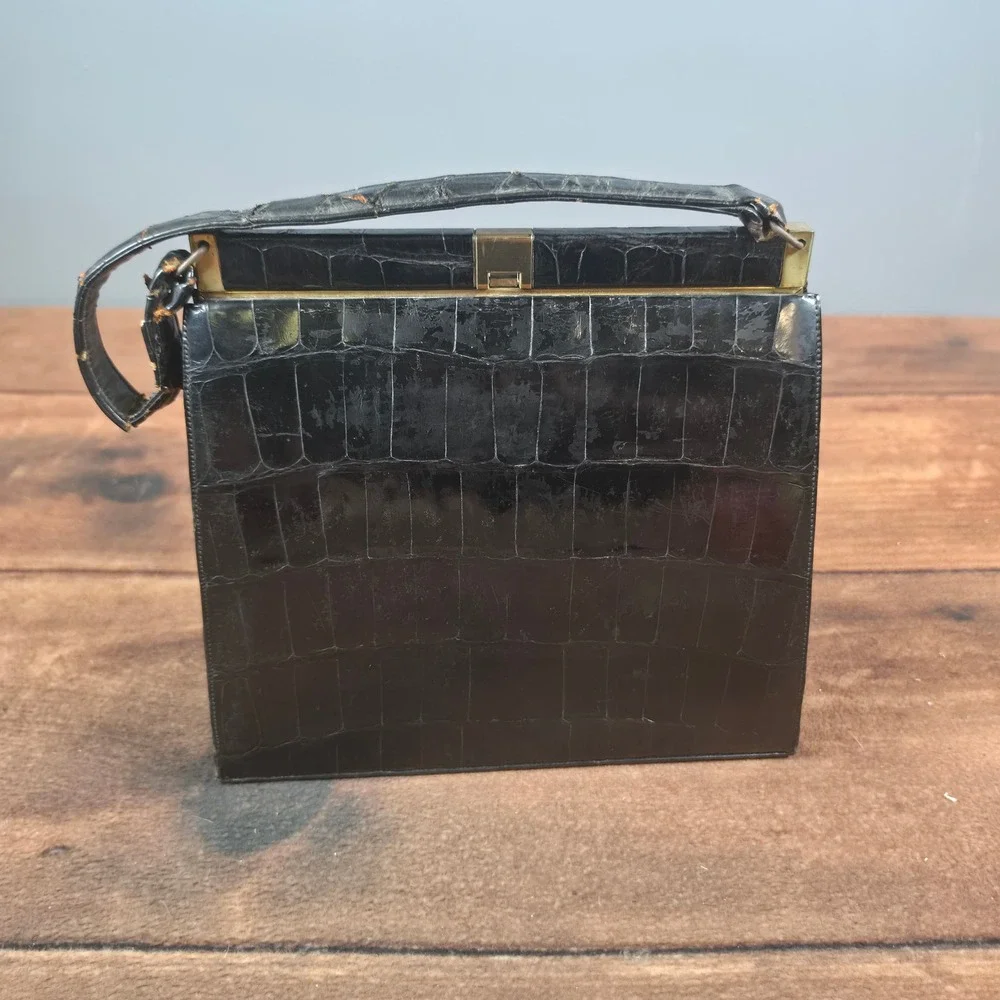 Bellestone Handbag Womens Medium Black Fair Vintage Crocodile Top Handle Bag